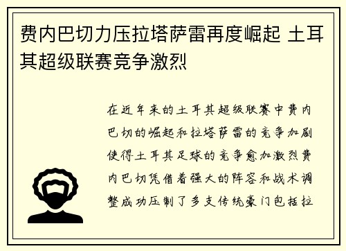 费内巴切力压拉塔萨雷再度崛起 土耳其超级联赛竞争激烈